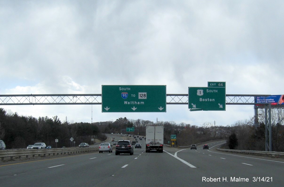 Image of diagrammatic sign approaching ramp for US 1 South exit with new milepost based exit number on I-95 South in Danvers, March 2021