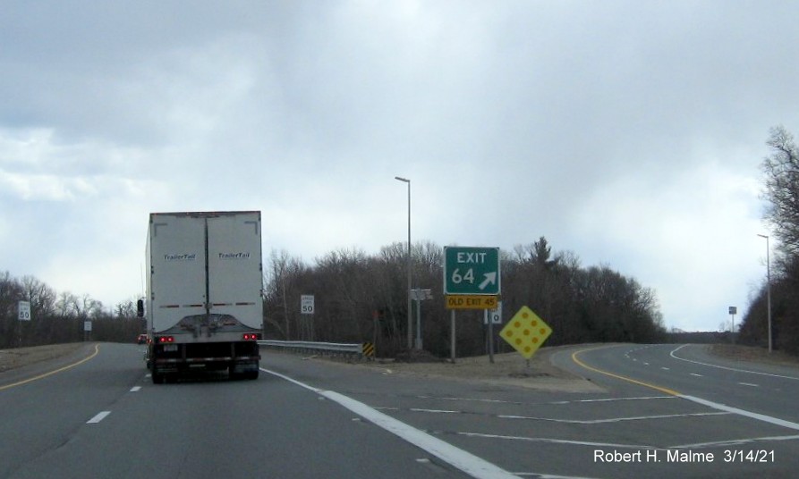 Image of gore sign for MA 128 North exit with new milepost based exit number on I-95 South in Peabody, March 2021