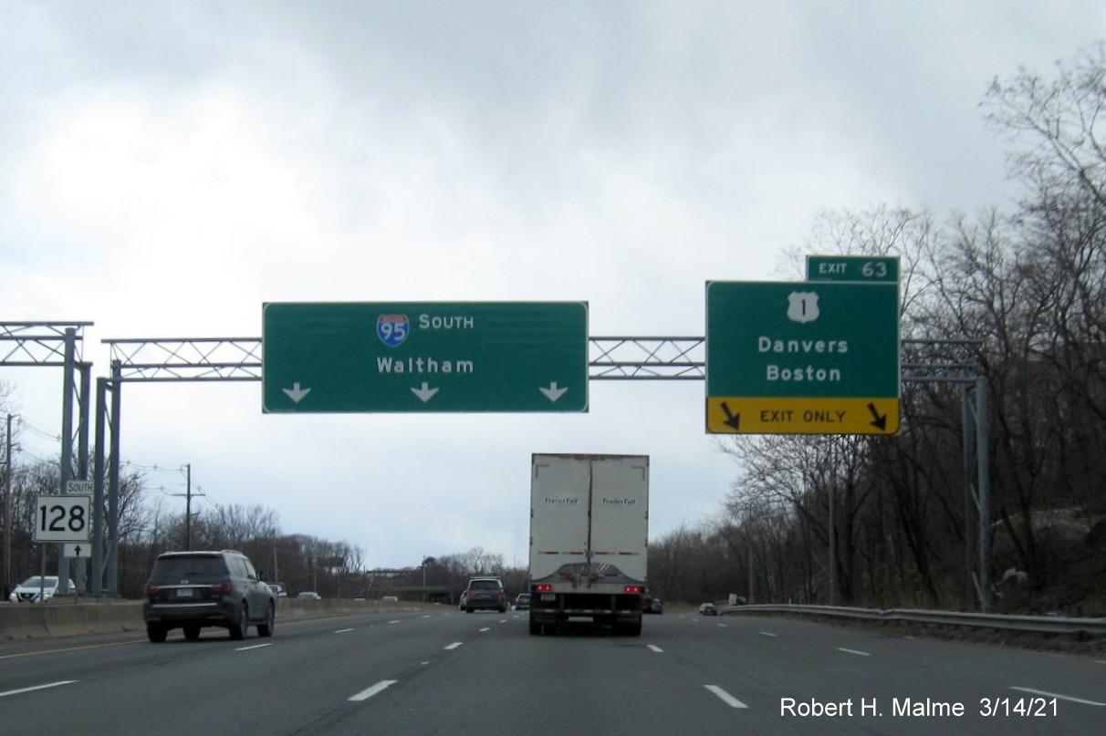 Image of overhead signage at ramp for US 1 exit with new milepost based exit number on I-95/MA 128 South in Peabody, March 2021