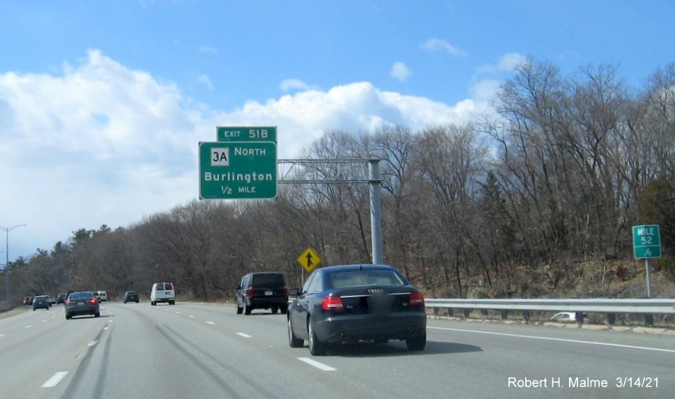 Image of 1/2 Mile advance for MA 3A North exit with new milepost based exit number on I-95/MA 128 South in Burlington, March 2021