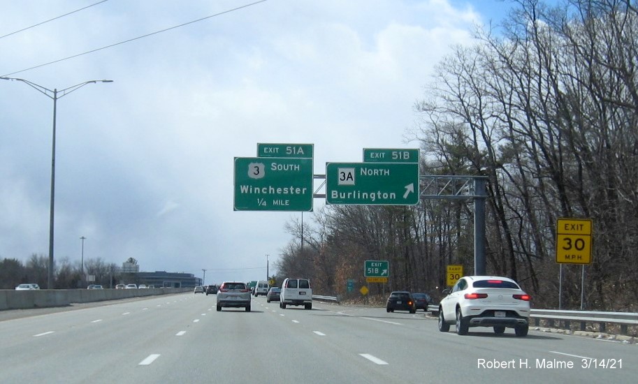 Image of overhead signage at ramp for MA 3A North exit with new milepost based exit numbers on I-95/MA 128 South in Burlington, March 2021