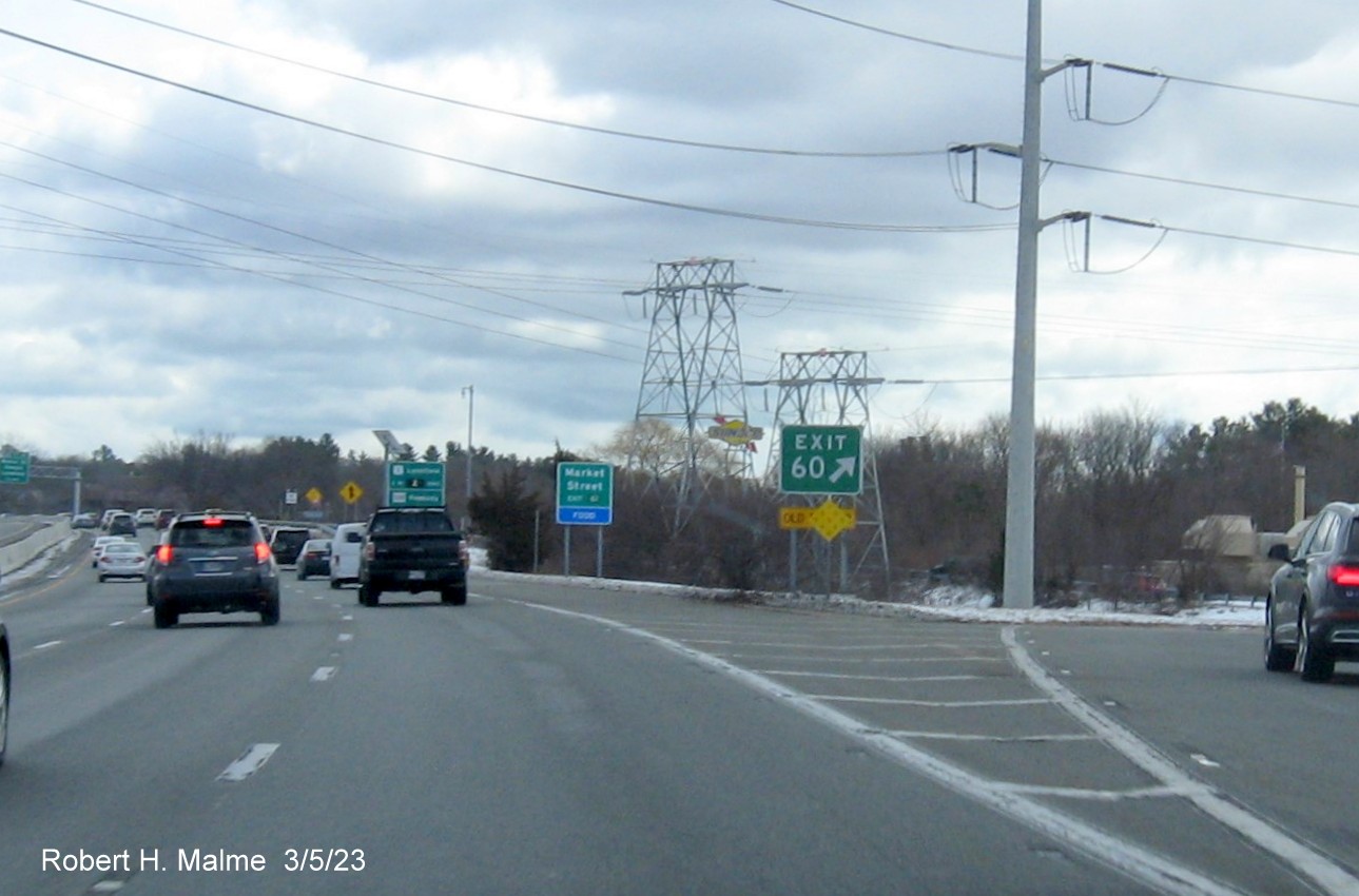 Image of recently placed gore sign for the Salem Street exit on
                                     I-95/MA 128 North in Wakefield, March 2023