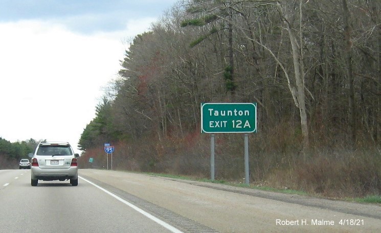 Image of auxiliary sign for I-495 South exit with new milepost based exit number on I-95 South in Foxboro, April 2021