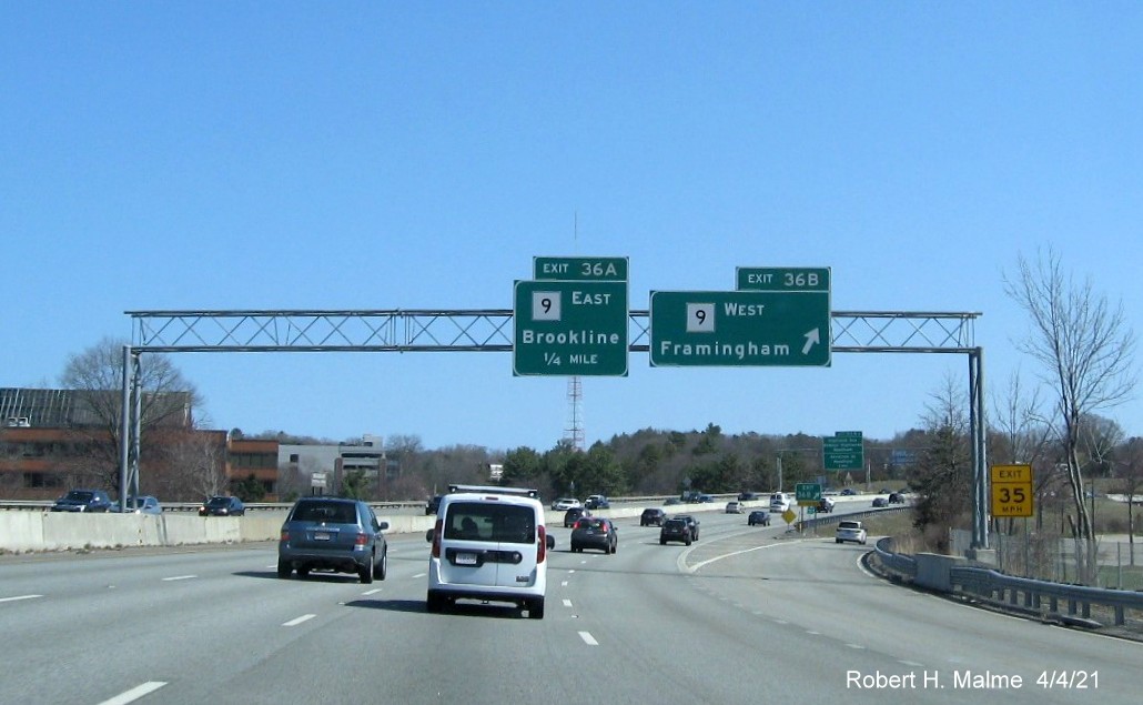 Image of 1/2 Mile advance overhead sign for MA 9 West exit with new milepost based exit number on I-95/MA 128 South in Wellesley, April 2021