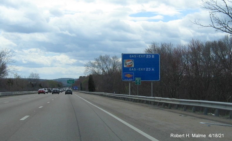 Image of blue Gas Services sign for Neponset Street exits with new milepost based exit numbers on I-95 South in Canton, April 2021