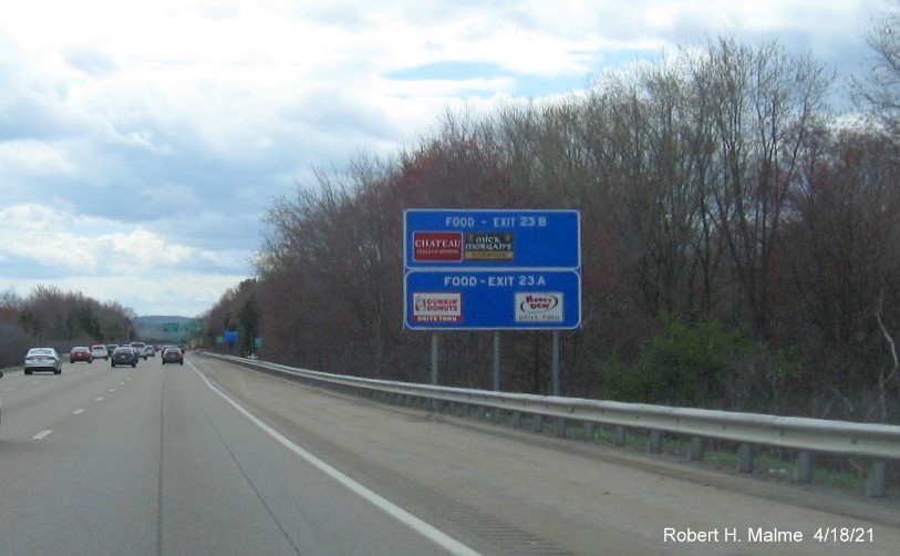 Image of blue Food Services sign for Neponset Street exits with new milepost based exit numbers on I-95 South in Canton, April 2021