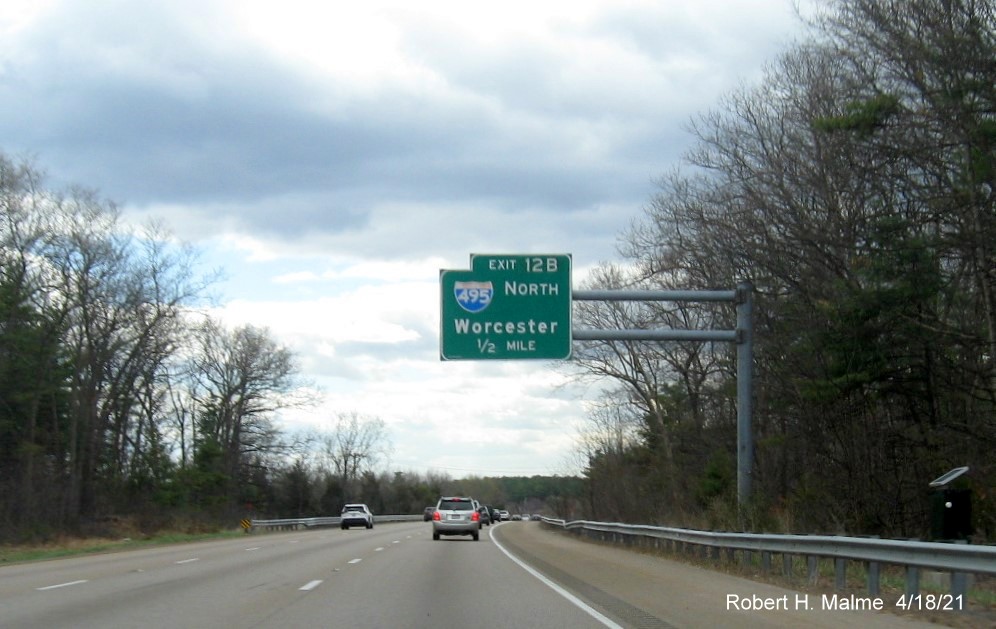Image of 1/2 Mile advance overhead sign for I-495 North exit with new milepost based exit number on I-95 South in Foxboro, April 2021