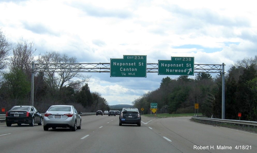 Image of overhead signage at Neponset Street west exit with new milepost based exit numbers on I-95 South in Canton, April 2021