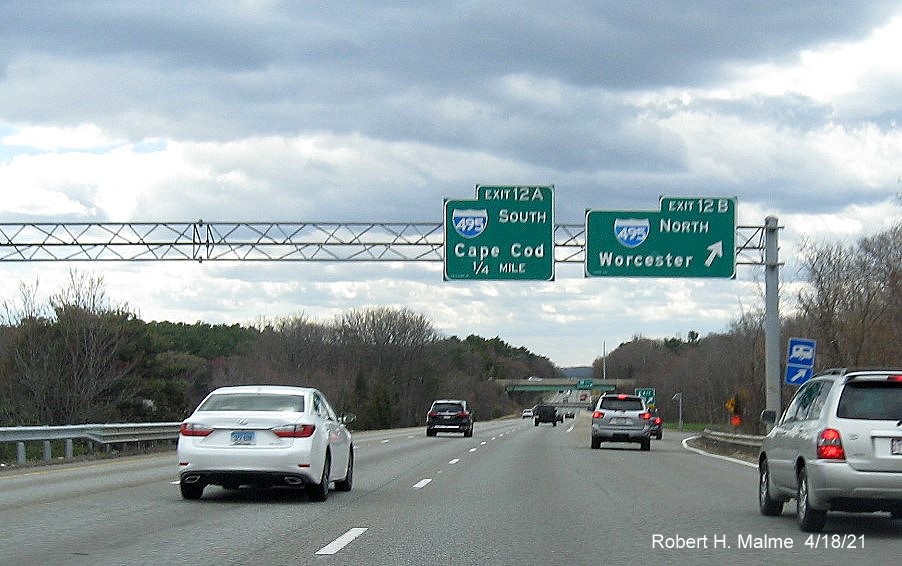 Image of overhead signage at ramp for I-495 North exit with new milepost based exit numbers on I-95 South in Foxboro, April 2021