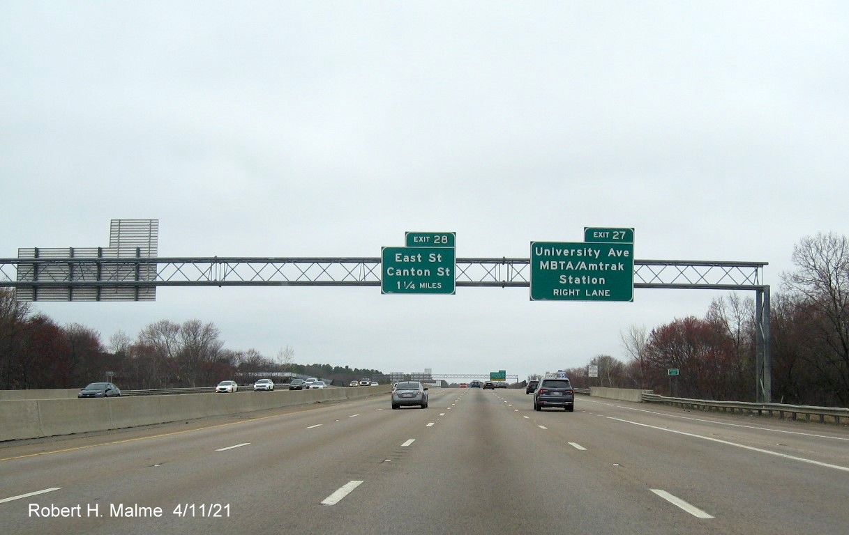 Image of overhead signage at ramp for University Avenue exit with new milepost based exit number on I-95/MA 128 North, US 1 South in Canton, April 2021