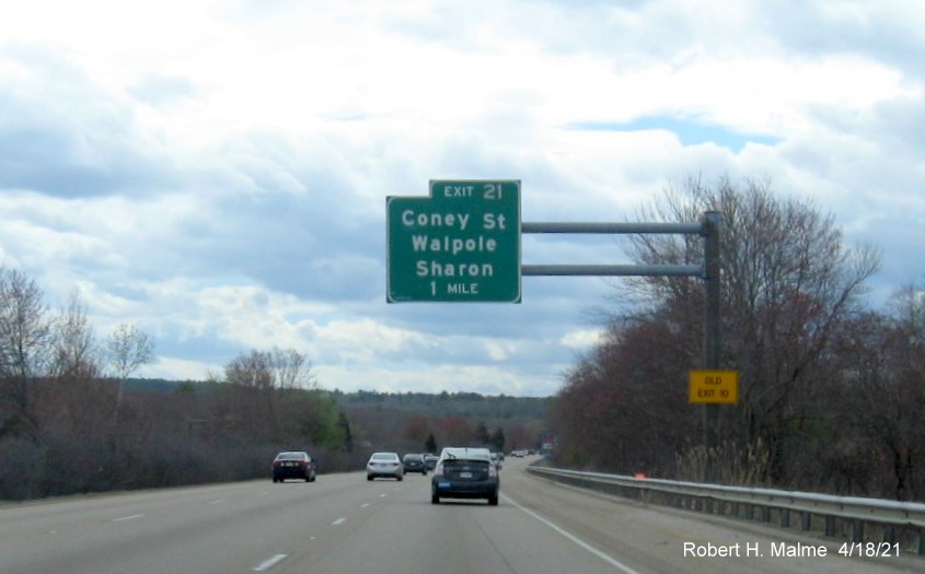 Image of 1 Mile advance overhead sign for Coney Street exit with new milepost based exit number and yellow Old Exit 10 advisory sign on I-95 South in Sharon, April 2021