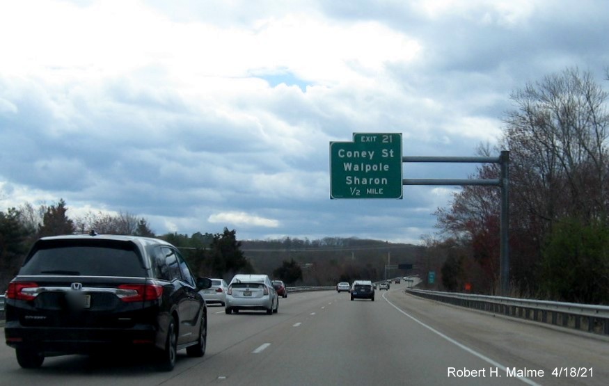 Image of 1/2 Mile advance overhead sign for Coney Street exit with new milepost based exit number on I-95 South in Sharon, April 2021