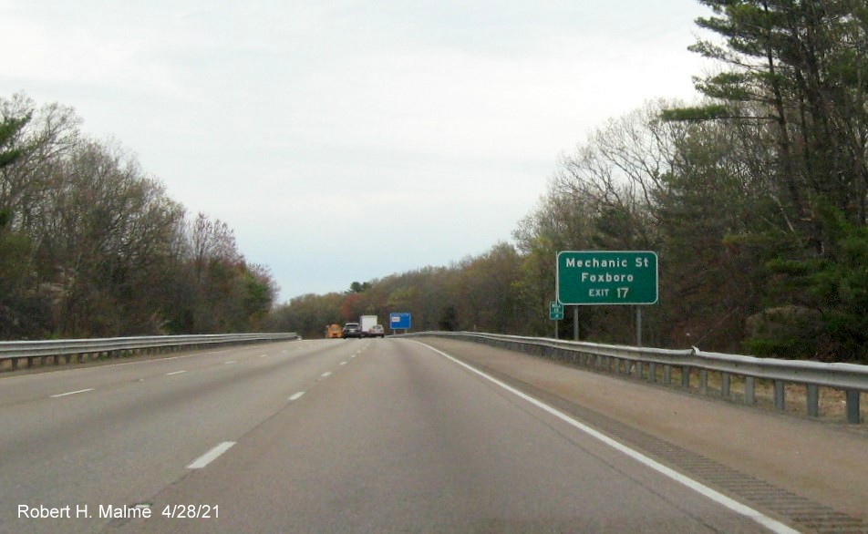 Image of auxiliary sign for South Main Street exit with new milepost based exit number on I-95 North in Foxboro, April 2021
