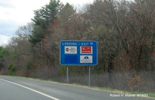 Image of blue Lodging Services sign for US 1 exit with new milepost based exit number on I-95 South in Sharon, April 2021 