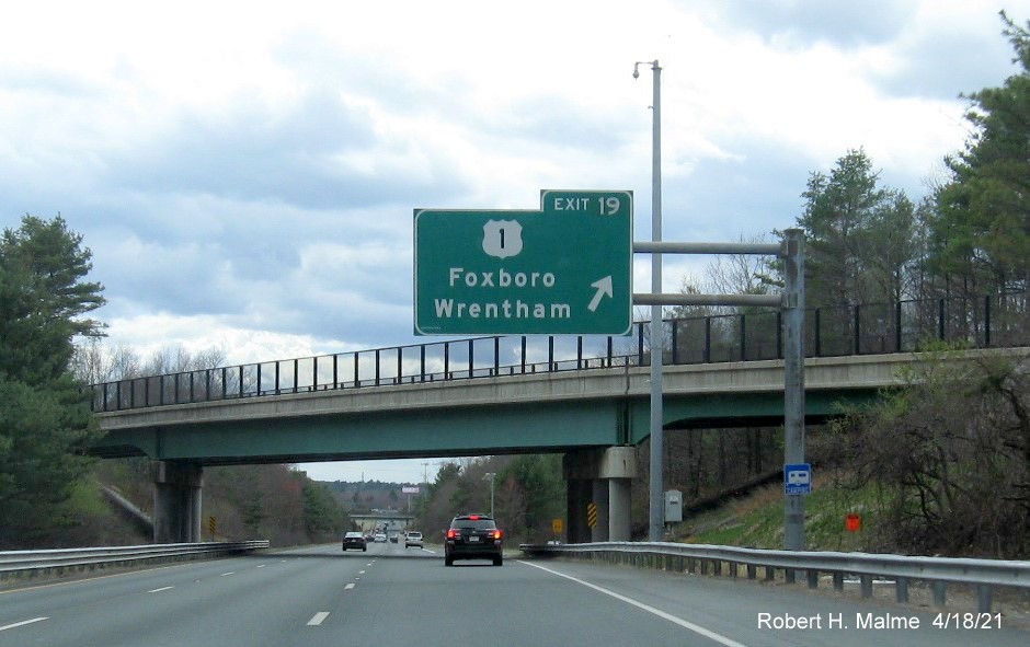Image of overhead ramp sign for US 1 exit with new milepost based exit number and on I-95 South in Sharon, April 2021 