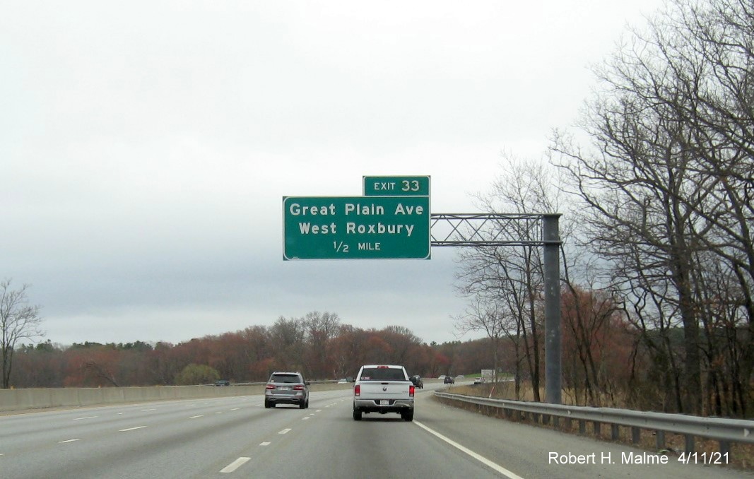 Image of 1/2 Mile advance sign for Great Plain Avenue exit with new milepost based exit number on I-95/MA
                                           128 South in Needham, April 2021