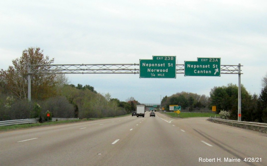 Image of overhead signage at ramp for Neponset Street, Canton exit with new milepost based exit number on I-95 North in Norwood, April 2021