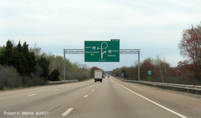 Image of 2 mile advance diagrammatic sign for I-93 North exit with new milepost based exit number on I-95 North in Canton, April 2021