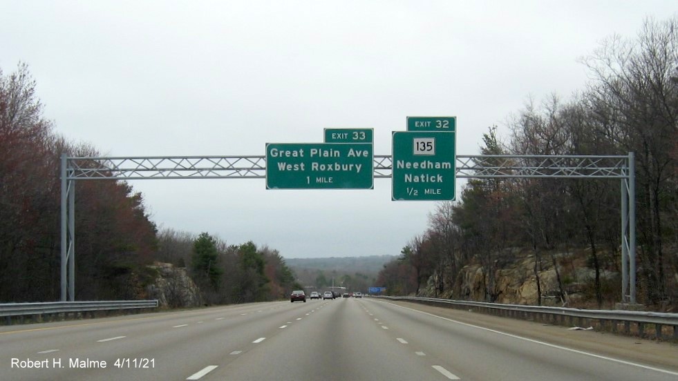 Image of 1 Mile advance sign for Great Plain Avenue exit with new milepost based exit number on I-95/MA
                                           128 North in Dedham, April 2021