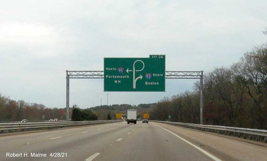 Image of 1/2 mile advance diagrammatic sign for I-93 North exit with new milepost based exit number on I-95 North in Canton, April 2021