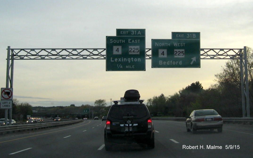 Image of overhead exit signage for MA 4/225 Exit on I-95 South in Lexington