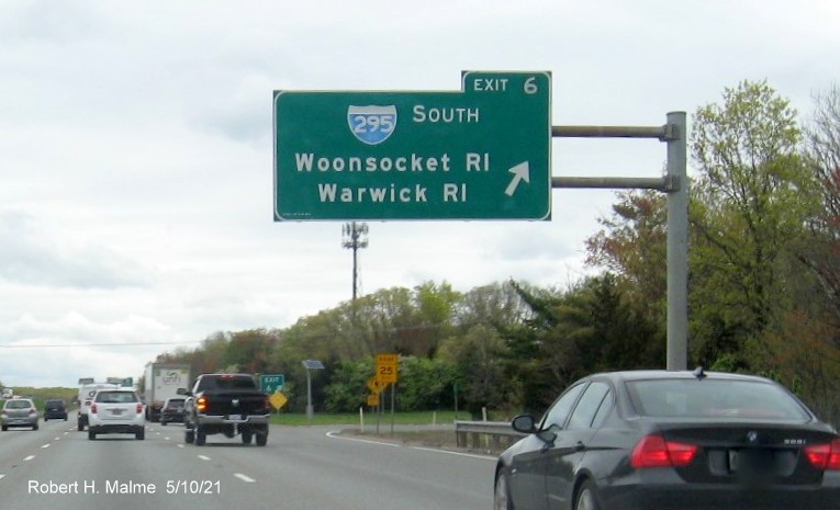 Image of overhead ramp sign for I-295 South exit with new milepost based exit number on I-95 north in Attleboro, May 2021