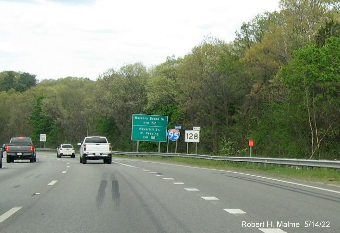 Image of contractor future sign placement tag and concrete foundation for new sign on I-95/MA 128 North in Reading, May 2022