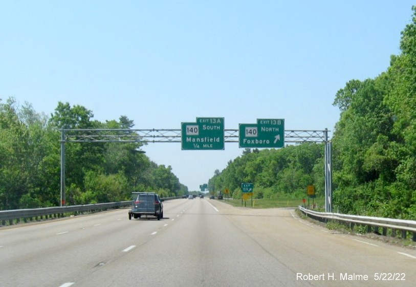 Image of right side support for future overhead signage at ramp to MA 140 North exit on I-95 South in Foxboro, May 2022