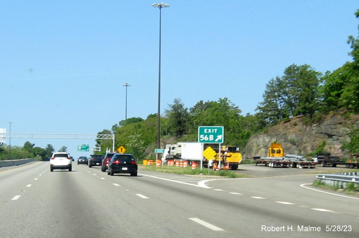 Image of recently placed gore sign for MA 28 North exit on I-95 South in Reading, May 2023
