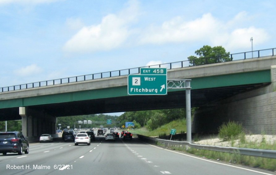 Image of overhead ramp sign for MA 2 West exit with new milepost based exit number on I-95/MA 128 North in Lexington, June 2021