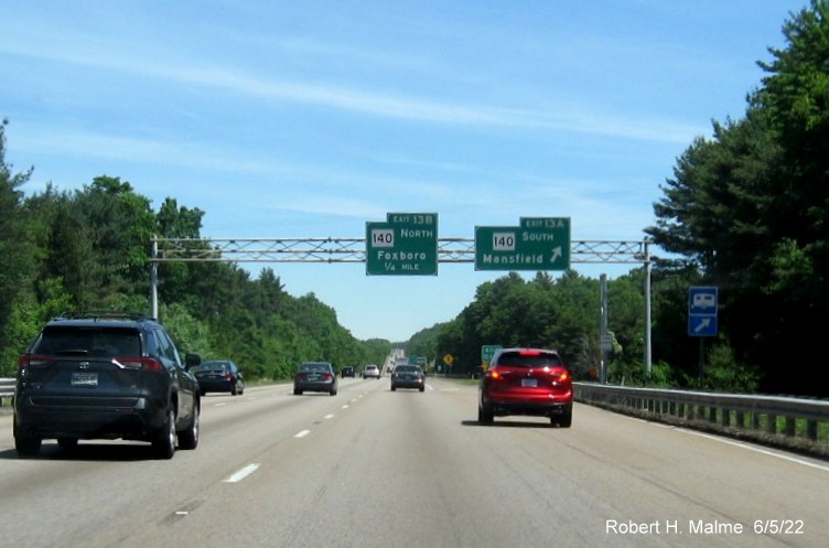 Image of recently placed support post for future overhead signage at ramp to MA 140 South in Foxboro, June 2022