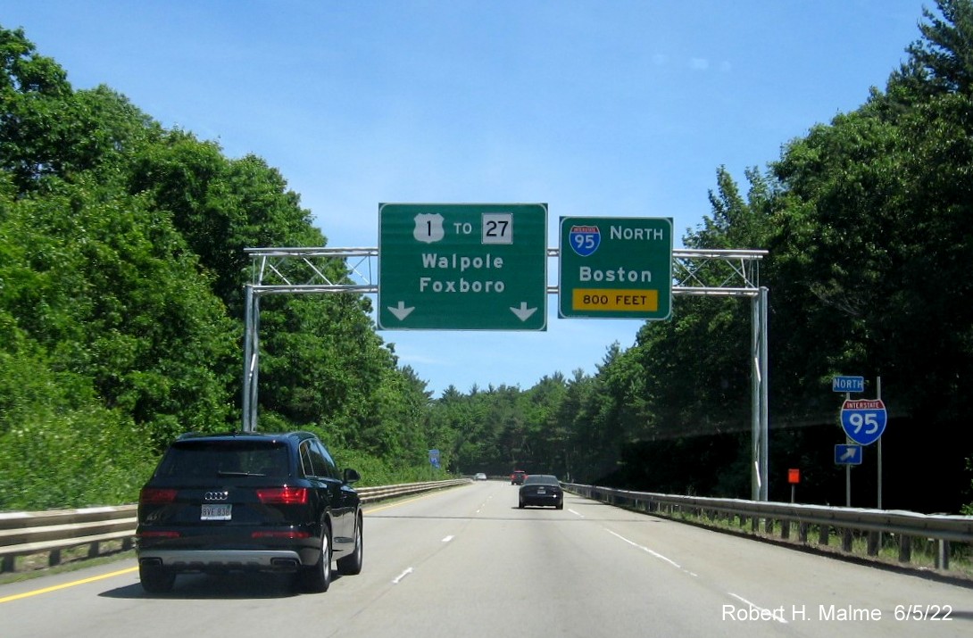 Image of recently placed overhead signs for I-95 North ramp on US 1 North in Sharon, June 2022