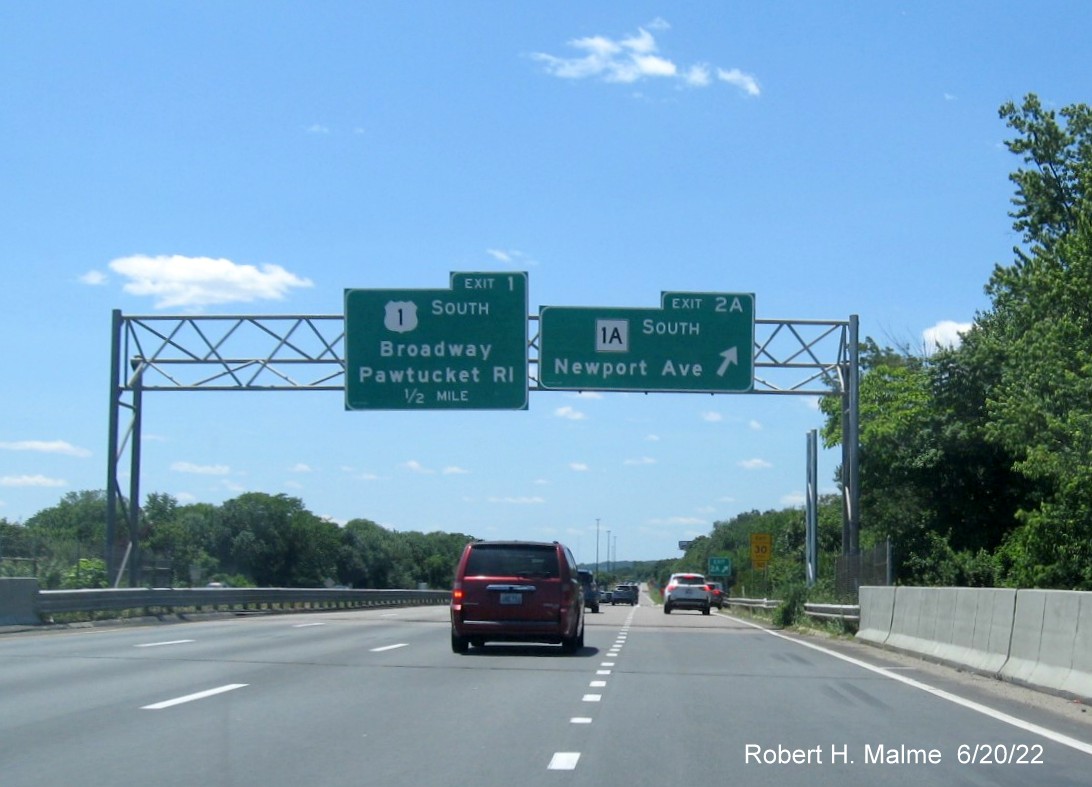 Image of newly placed support post for future overhead signs at ramp to MA 1A South on I-95 South in Attleboro, June 2022