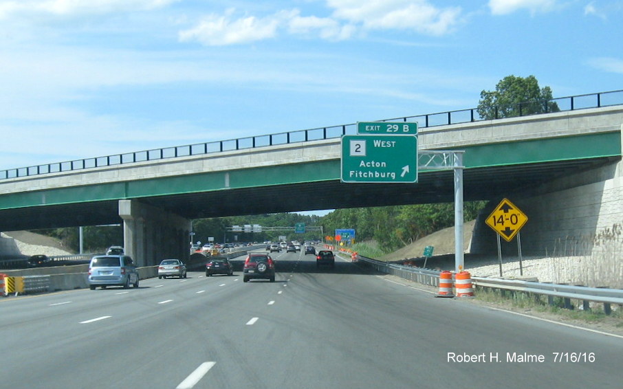 Image of new overhead exit sign for MA 2 West on I-95 North in Lexington