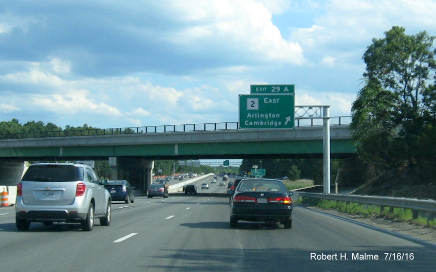 Image of new overhead exit sign for MA 2 East on I-95 South in Lexington