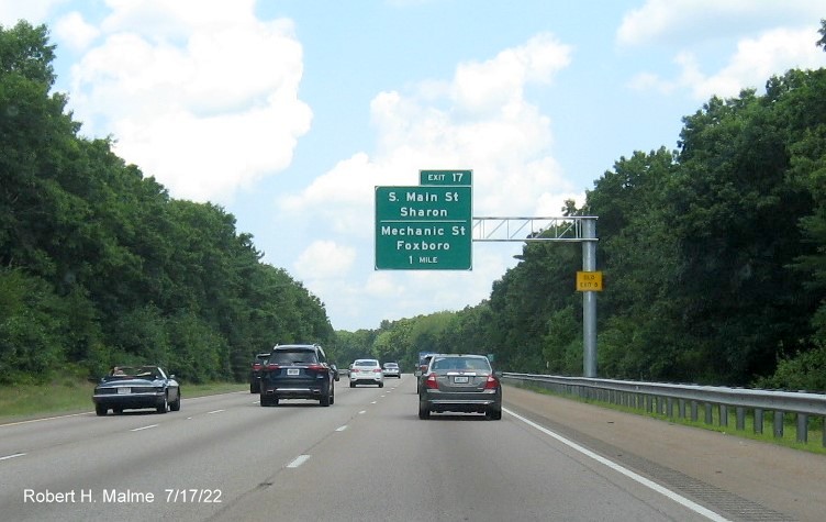 Image of newly placed 1 mile advance overhead sign for South Main Street/Mechanic Street exit on I-95 South in 
          Foxboro, July 2022