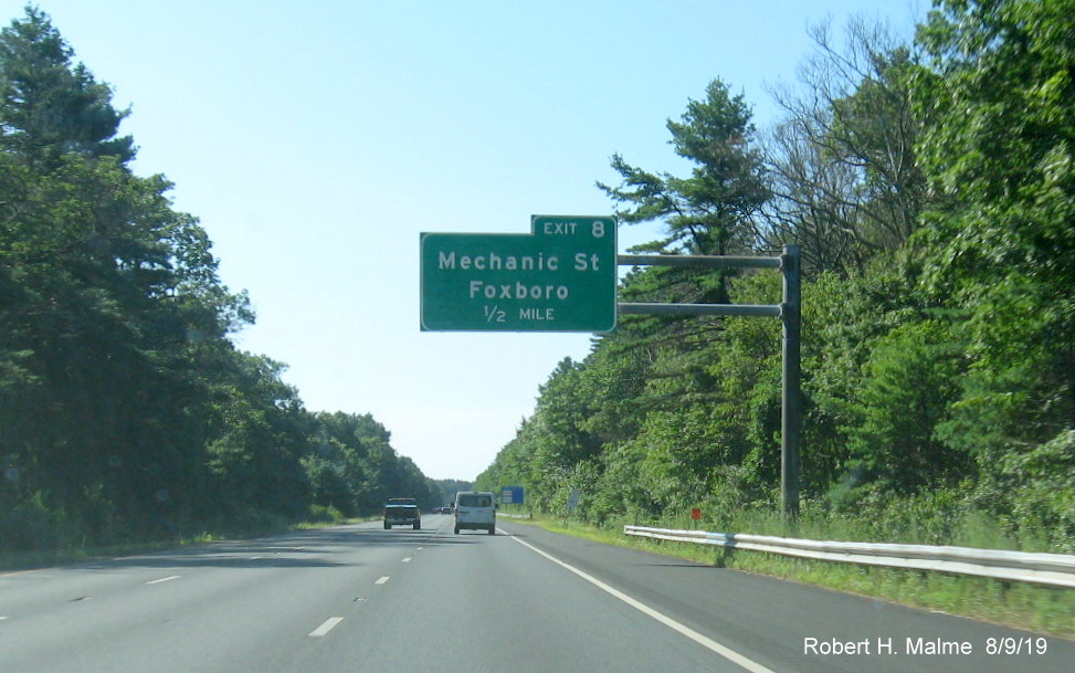Image of orange contractor tag for placement of future 1/2 mile advance overhead sign for Mechanic Street exit on I-95 South in Foxboro