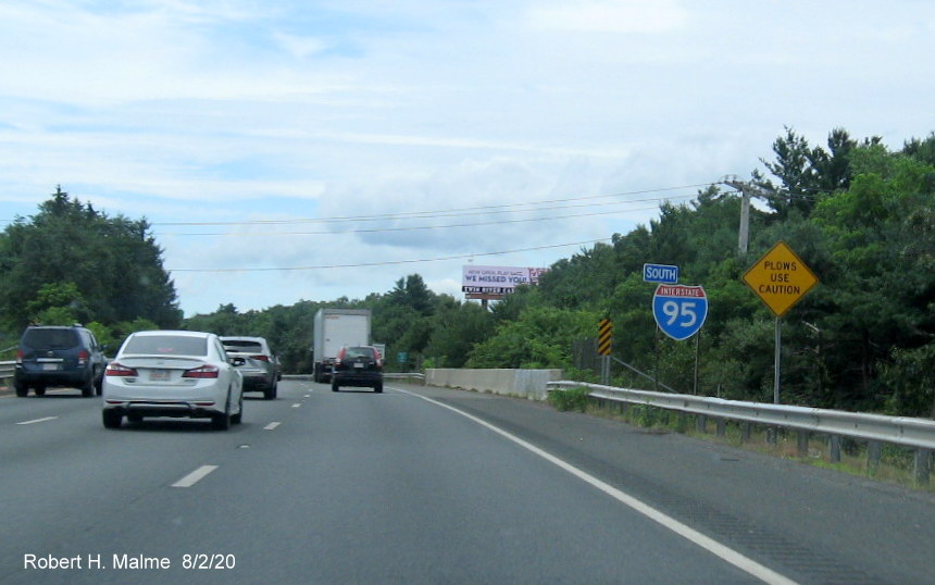 Image of new ground mounted South I-95 reassurance marker after US 1 exit in Walpole, August 2020