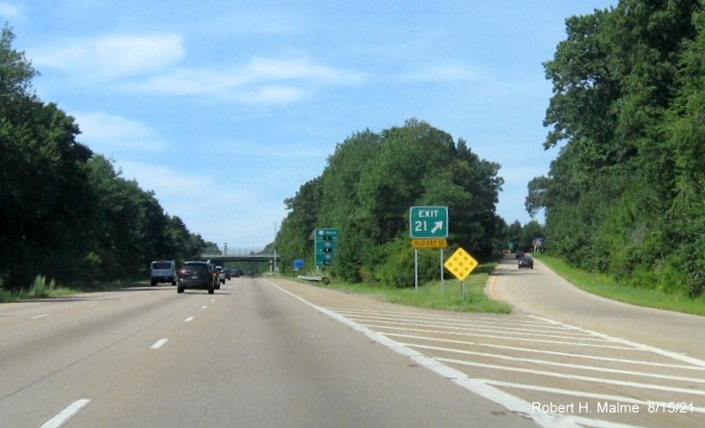 Image of newly placed gore sign for the Coney Street exit on I-95 South in Sharon, August 2021