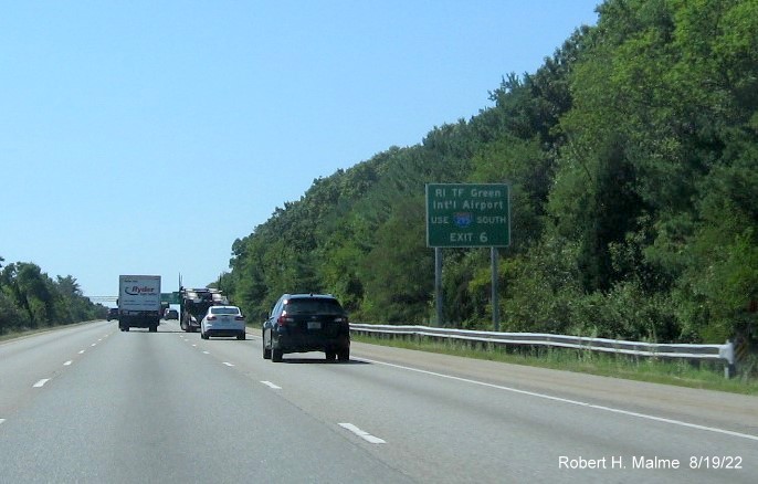 Image of newly placed auxiliary sign for I-295 South exit in Attleboro, August 2022