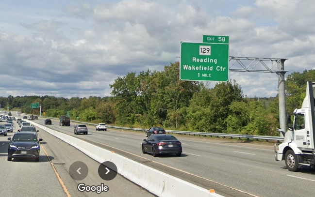 Image of 1 mile advance overhead sign for MA 129 exit now with exit tab put up during summer of 2023, Google Maps Street View, September 2023