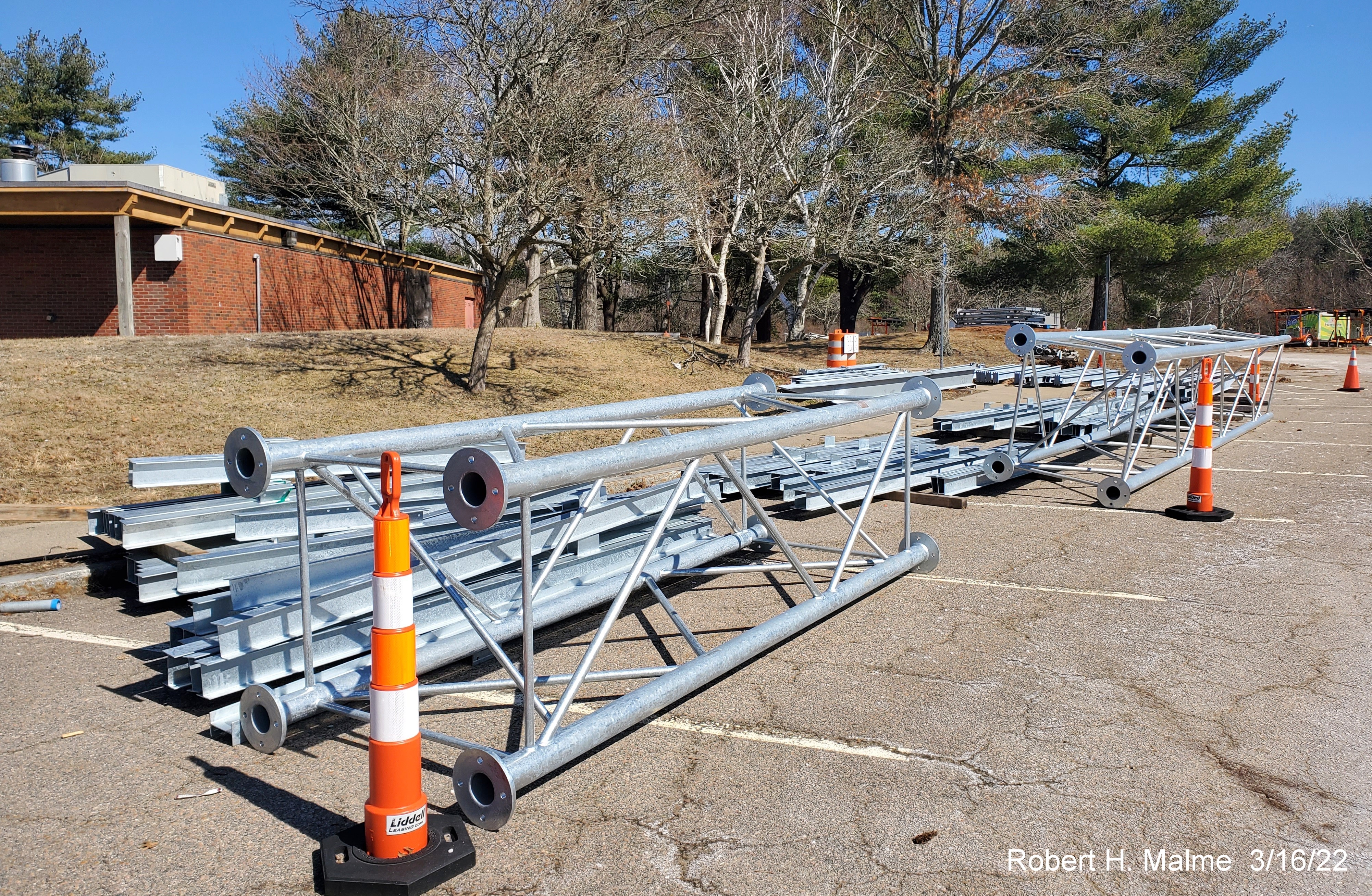 Image of sign gantries for I-95 Sign Replacement project awaiting placement at Mansfield Rest Area, March 2022