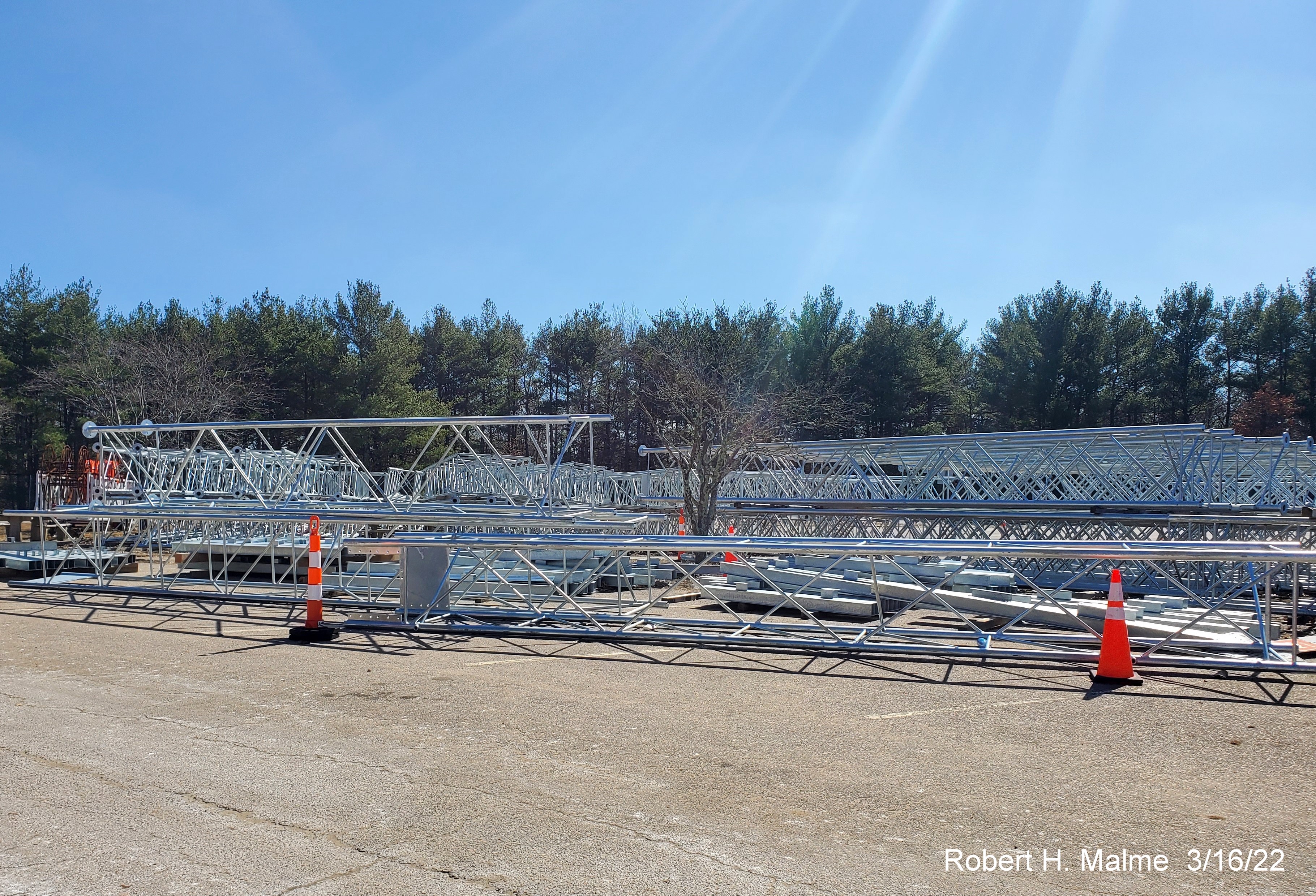 Image of sign gantries for I-95 Sign Replacement project awaiting placement at Mansfield Rest Area, March 2022