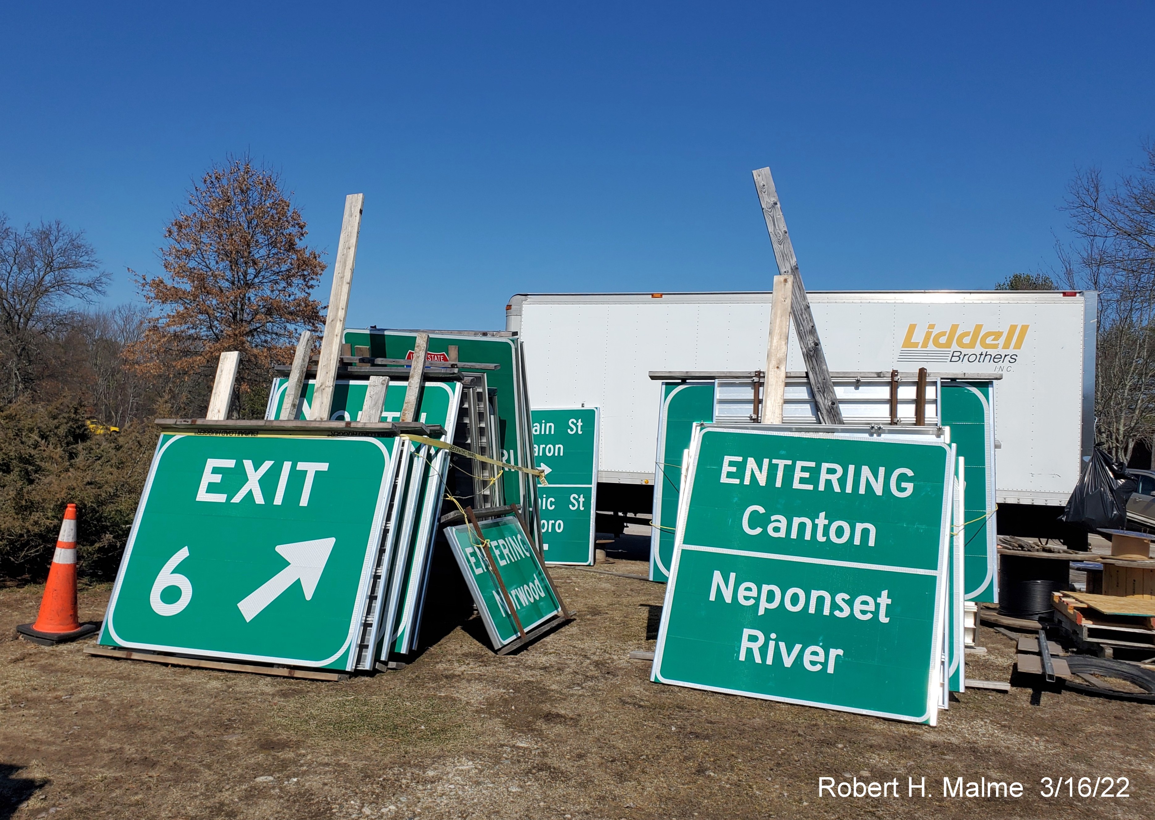 Image of a ground mounted signs for I-95 Sign Replacement Project being stored at Mansfield Rest Area, March 2022