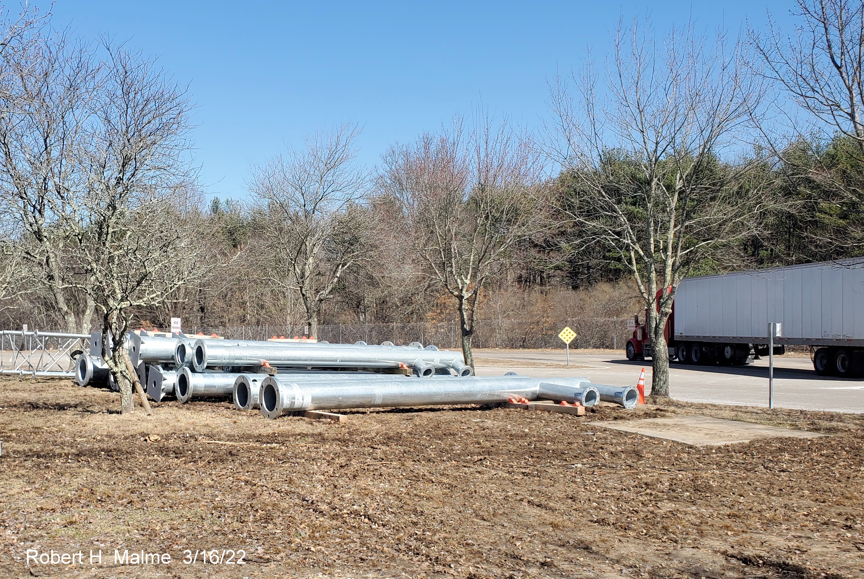 Image of sign gantries for I-95 Sign Replacement project being stored at Mansfield Rest Area, March 2022