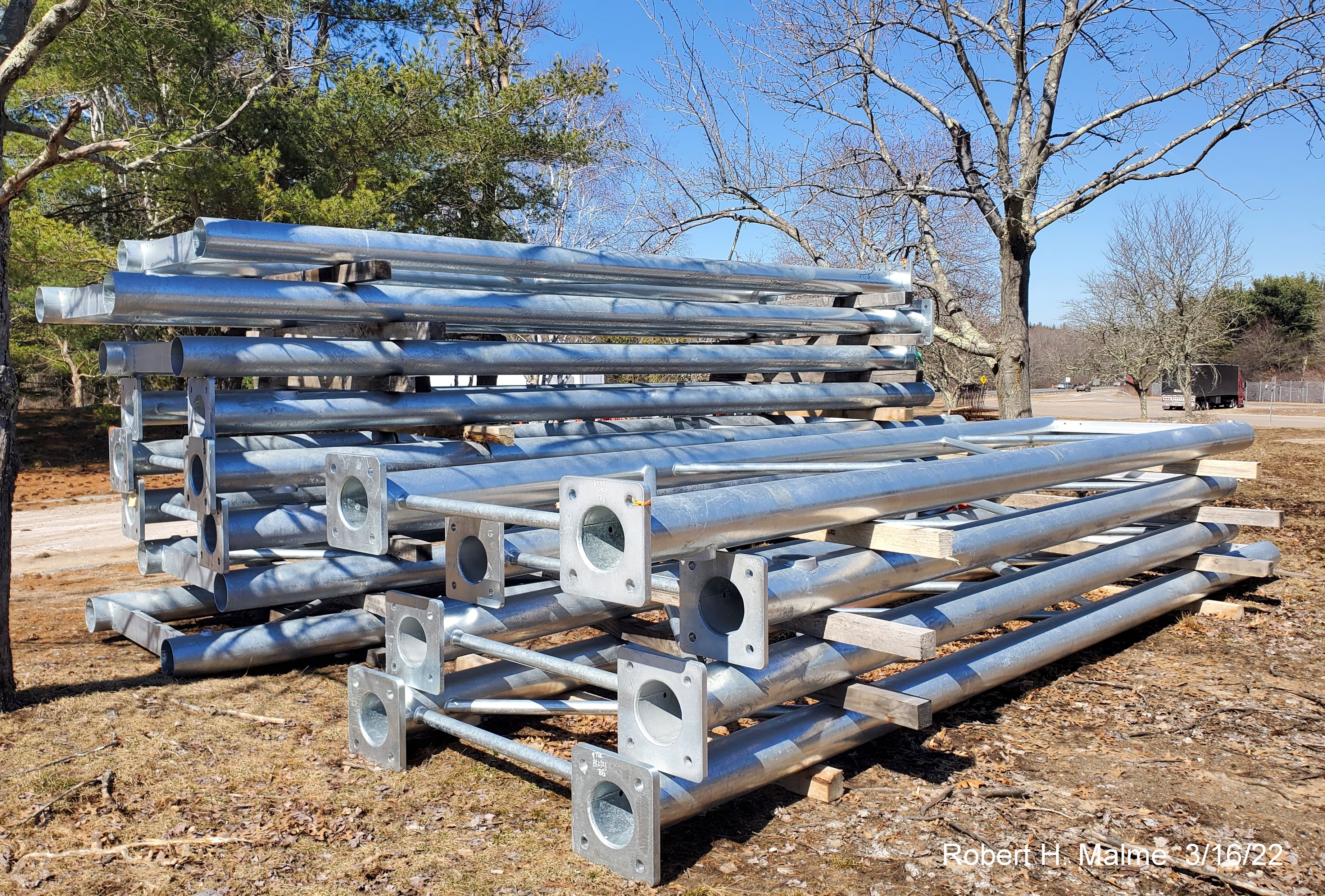 Image of sign gantries for I-95 Sign Replacement project being stored at Mansfield Rest Area, March 2022