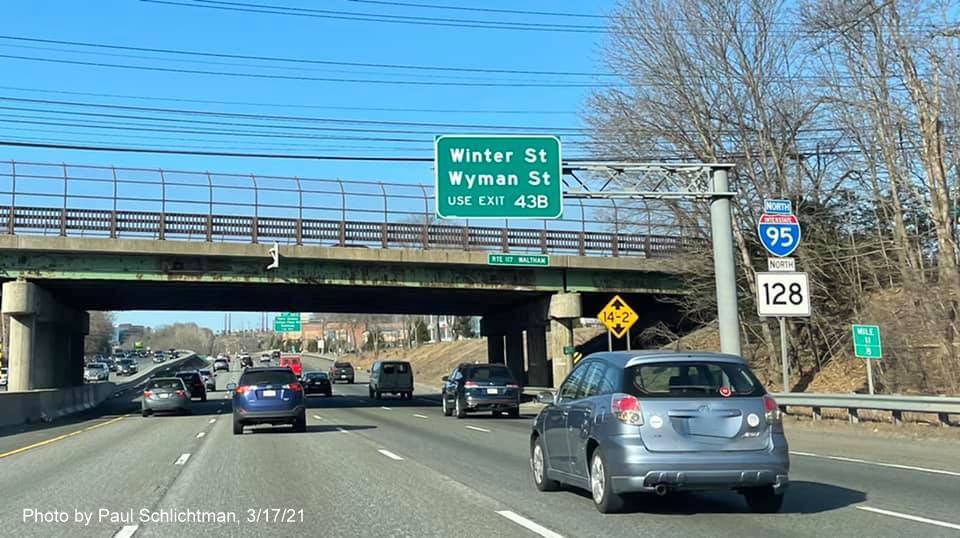 Image of overhead auxiliary sign for Totten Pond Road exit with new milepost based exit number on I-95/MA 128 North in Waltham, by Paul Schlichtman, March 2021