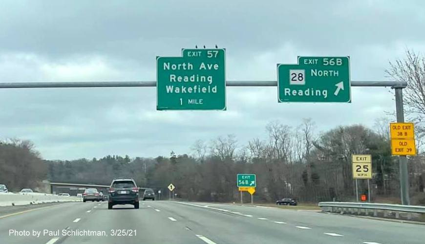 Image of overhead signage at ramp for MA 28 North exit with new milepost based exit numbers on I-95/MA 128 North in Reading, March 2021