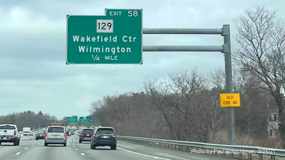 Image of 1/2 mile advance overhead sign for MA 129 exit with new milepost based exit number on I-95/MA 128 North in Lynnfield, by Paul Schlichtman, March 2021
