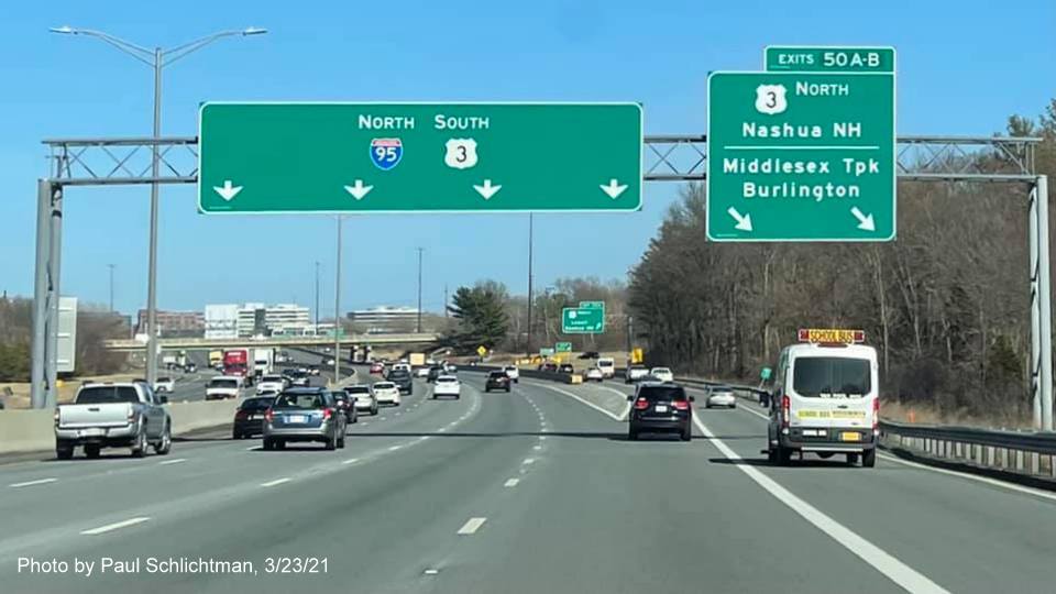 Image of overhead signage at ramp for US 3 North/Middlesex Turnpike exits with new milepost based exit numbers on I-95/MA 128 North in Burlington, by Paul Schlichtman, March 2021